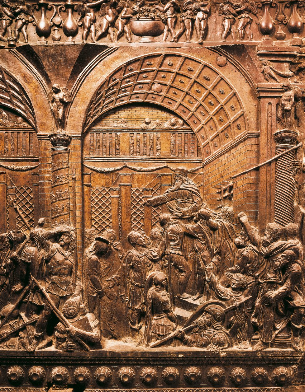 Sztuka renesansu (Quattrocento): Chrystus prowadzi przed Kajfaszem. 1460. Płaskorzeźba na brązie) autorstwa Donatello