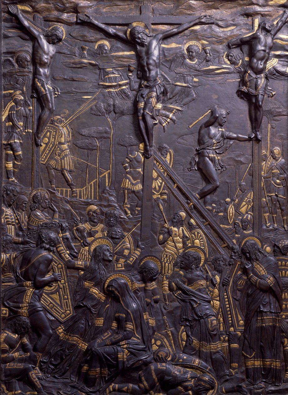 Ukrzyżowanie Chrystusa, ok. 1465, autorstwa Donatello (ok. 1386-1466), płaskorzeźba z brązu damasceńskiego, 93x70 cm. Włochy autorstwa Donatello