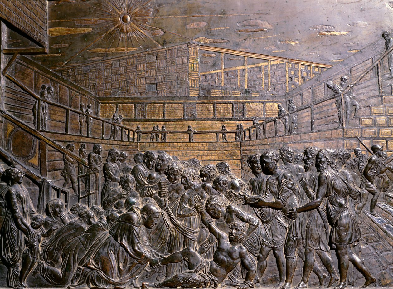 Włochy, Padwa, bazylika św. Antoniego Padewskiego, św. Antoni uzdrawia stopę młodości, autorstwa Donatello (ok. 1386-1466), płaskorzeźba autorstwa Donatello