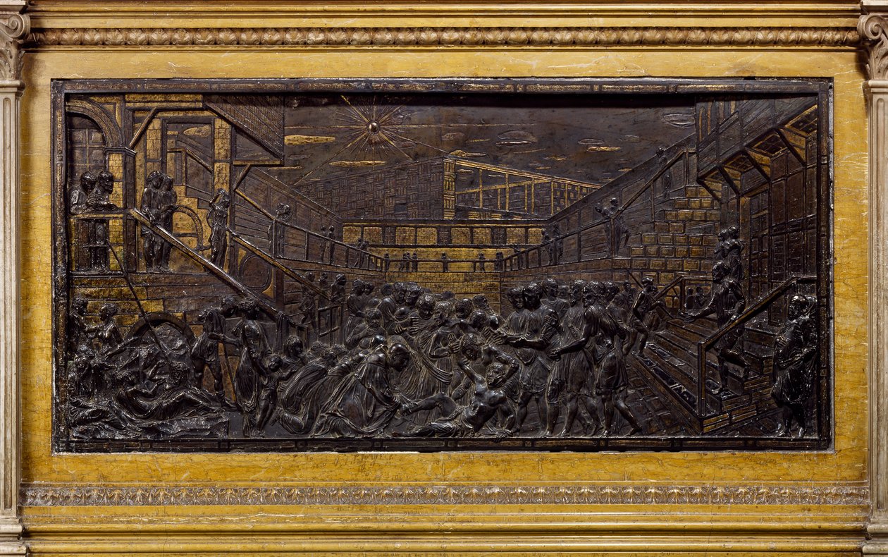 Relief przedstawiający św. Antoniego przypinającego stopę młodzieńca, autorstwa Donatello (ok. 1386-1466), brąz, ołtarz św., bazylika św. Antoniego (Basilica del Santo), Padwa, Włochy autorstwa Donatello