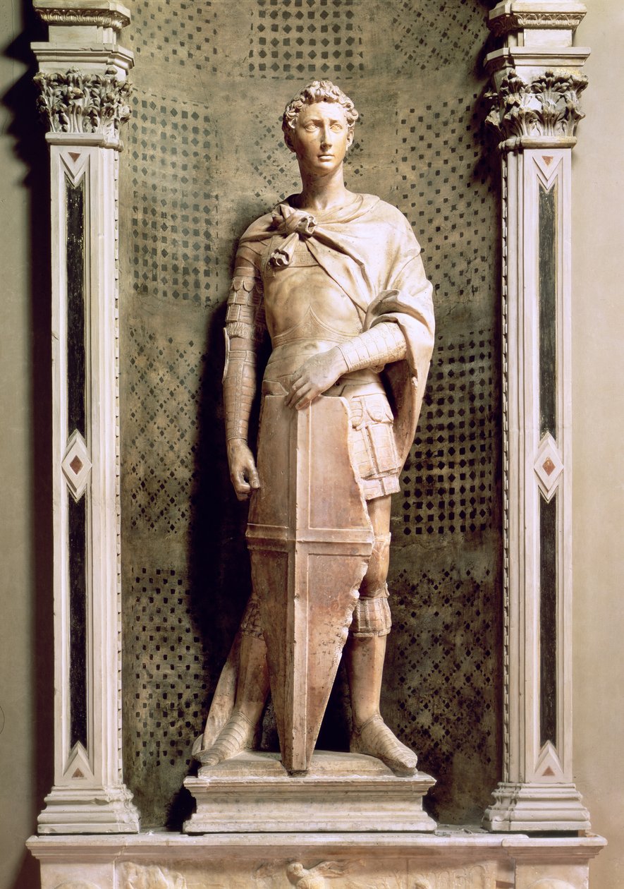 Św. Jerzy w niszy z płaskorzeźbą Św. Jerzego zabijającego smoka poniżej (marmur) (patrz także 55431 i 87899) autorstwa Donatello