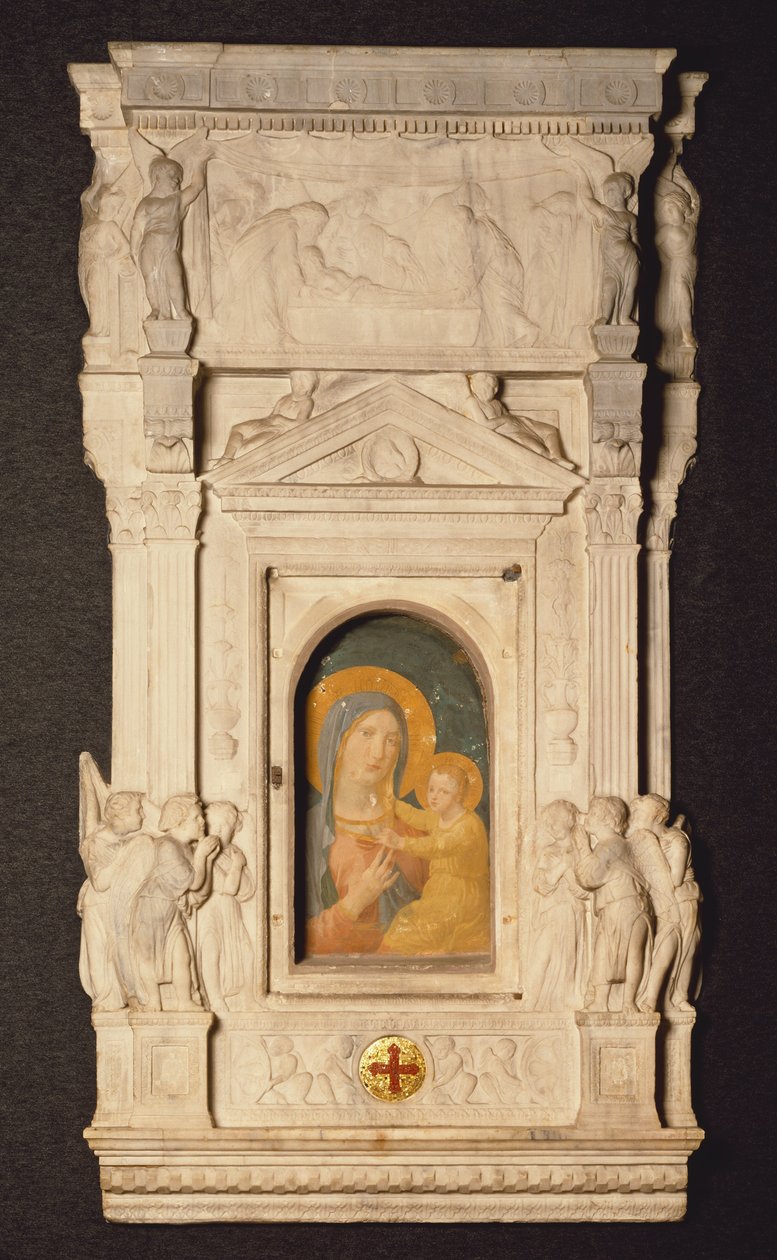 Tabernakulum Sakramentu Eucharystii lub Cyborium, autorstwa Donatello (1386-1466), z fragmentem XIV-wiecznego fresku Madonny z gorączki, Muzeum Skarbu Bazyliki Św. Piotra, Rzym, Watykan autorstwa Donatello