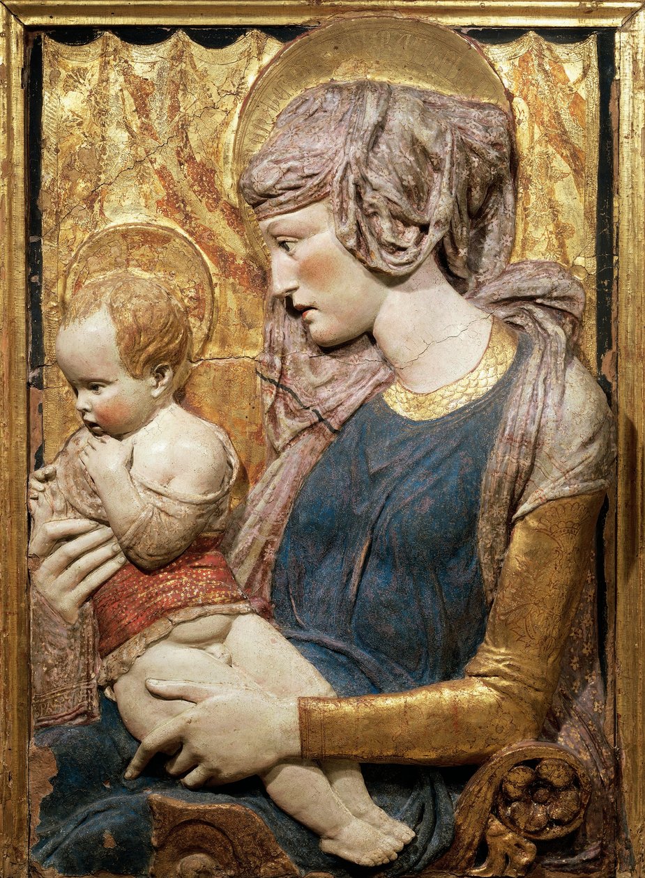 Dziewica z Dzieciątkiem, ok. 1440, autorstwa Donatello (ok. 1386-1466), malowana i złocona płaskorzeźba z terakoty autorstwa Donatello