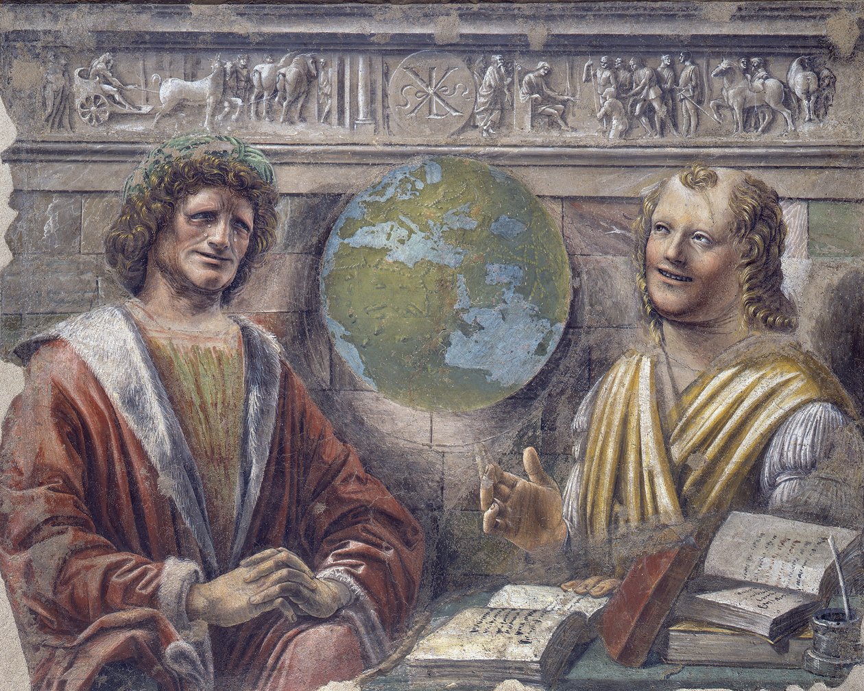 Heraklit i Demokryt, ok. 1486 (odłączony fresk na płótnie) autorstwa Donato Bramante