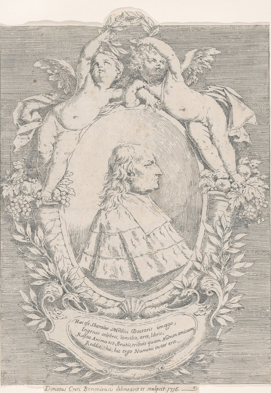 Portret Giovanniego Girolamo Sbaraglia, w owalu otoczony dwoma puttami na rogu obfitości..., 1716. autorstwa Donato Creti