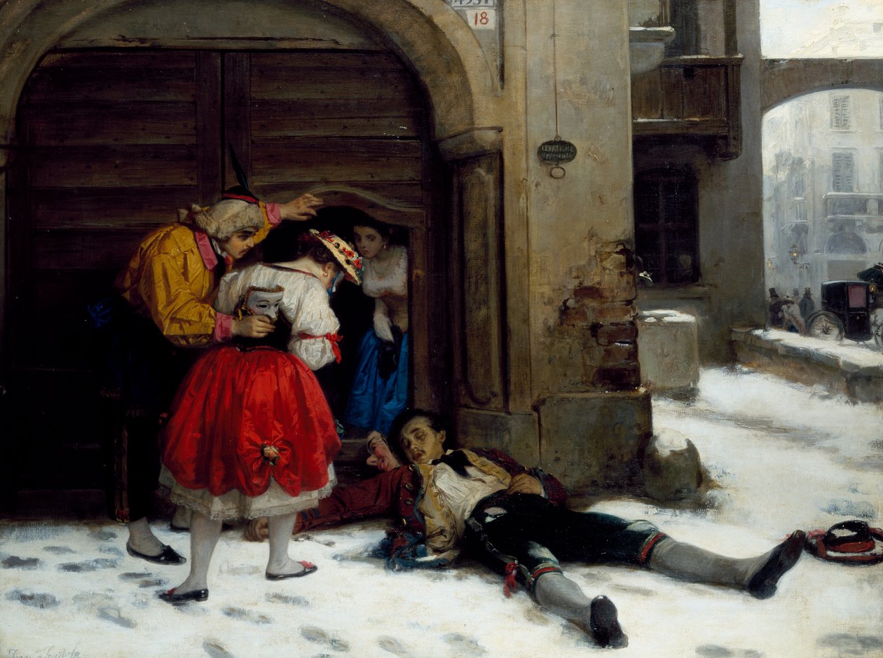 Powrót po całonocnej zabawie, obraz Domenico Scattola (1814-1876), olej na płótnie, 75x100 cm autorstwa Donenico Scattola