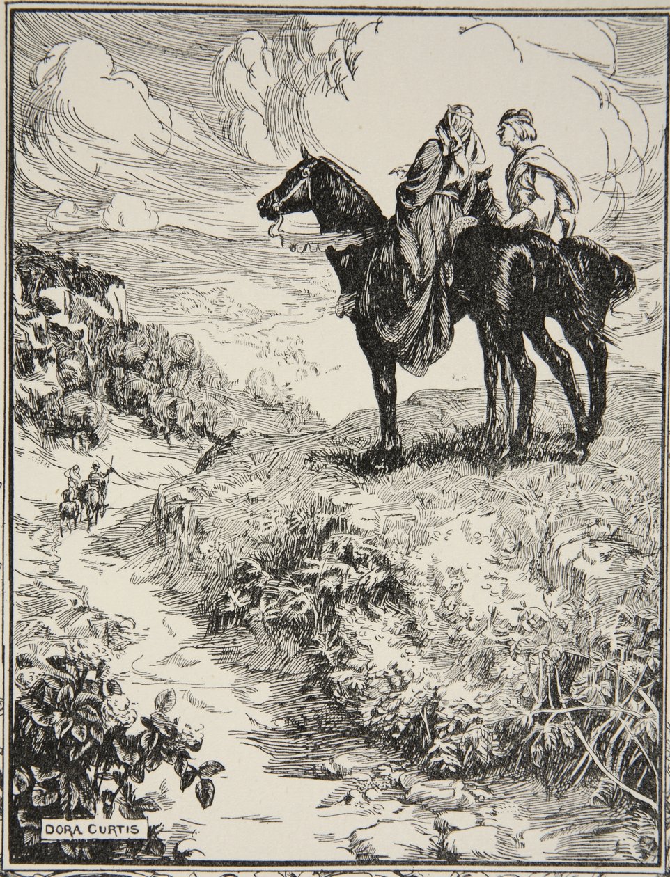 Gdy czekają na małym leśnym pagórku, ilustracja z „Opowieści o królu Arturze i okrągłym stole” Beatrice Clay, wydanie 1, 1905 autorstwa Dora Curtis