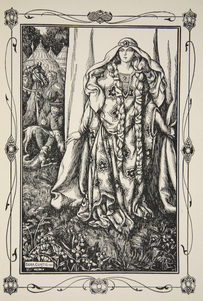 Przy drzwiach jednego z nich stała dama, ilustracja z „Opowieści o królu Arturze i Okrągłym Stole” Beatrice Clay, wydanie 1, 1905 autorstwa Dora Curtis