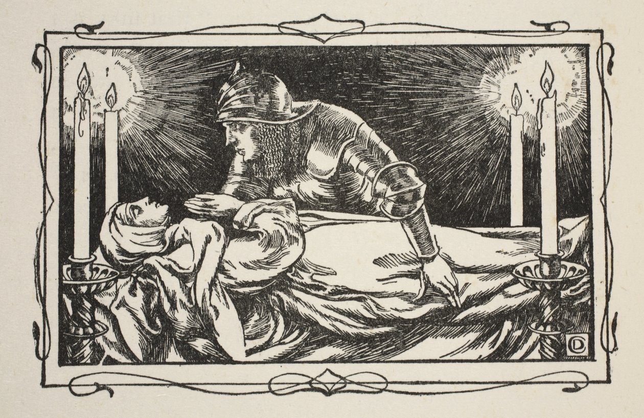 Found the Queen Dead, ilustracja z „Story of King Arthur and the Round Table” Beatrice Clay, wydanie 1, 1905 autorstwa Dora Curtis