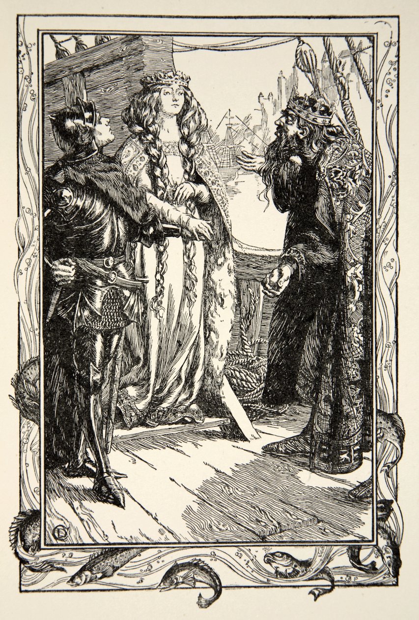 King Anguish daje Isolt Sir Tristramowi, ilustracja z „Story of King Arthur and the Round Table” Beatrice Clay, wydanie 1, 1905 autorstwa Dora Curtis