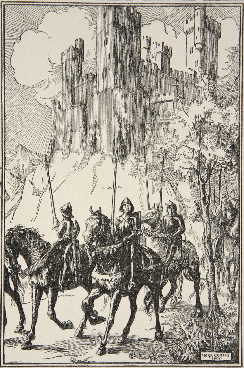 Sir Galahad w opactwie, ilustracja z „Historii króla Artura i okrągłego stołu” Beatrice Clay, wydanie 1, 1905 autorstwa Dora Curtis
