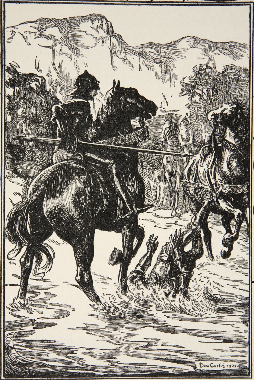 Zadał mu taki cios, ilustracja z „Opowieści o królu Arturze i Okrągłym Stole” Beatrice Clay, wydanie 1, 1905 autorstwa Dora Curtis