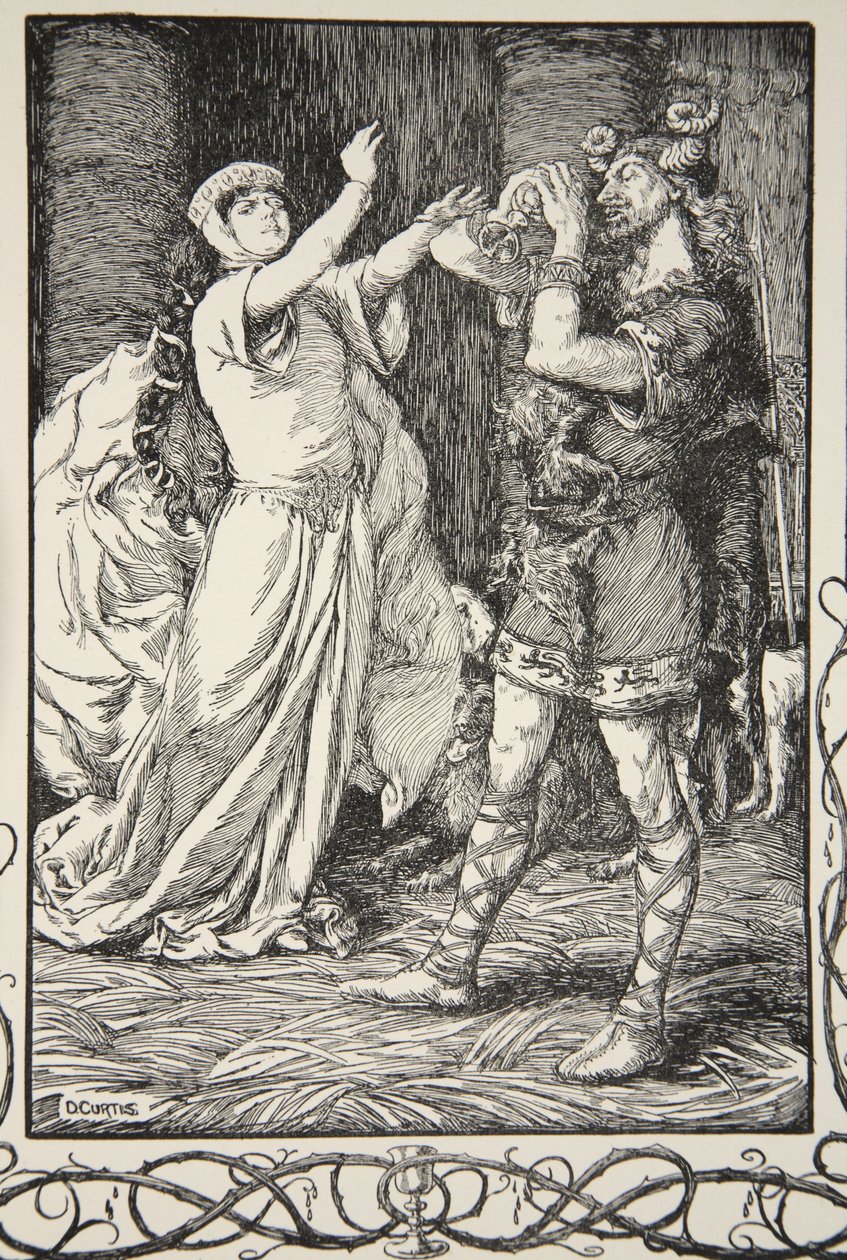 Królowa wołała do niego, aby przebaczył, ilustracja z „Opowieści o królu Arturze i Okrągłym Stole” Beatrice Clay, wydanie 1, 1905 autorstwa Dora Curtis