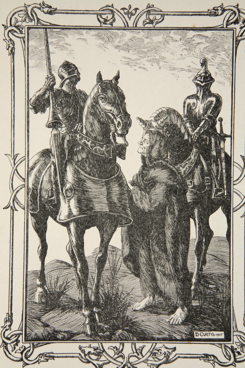 Spotkali się ze Starym Człowiekiem, ilustracja z „Opowieści o królu Arturze i Okrągłym Stole” Beatrice Clay, wydanie 1, 1905 autorstwa Dora Curtis