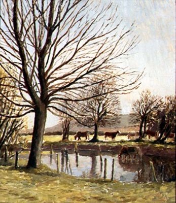 Bydło nad stawem (olej na płótnie) autorstwa Dora Carrington