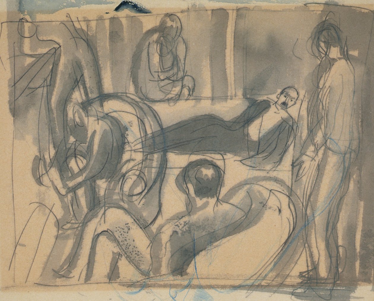 Maynard Keynes, Lytton Strachey i inni, ok. 1916 (ołówek i akwarela na papierze) autorstwa Dora Carrington