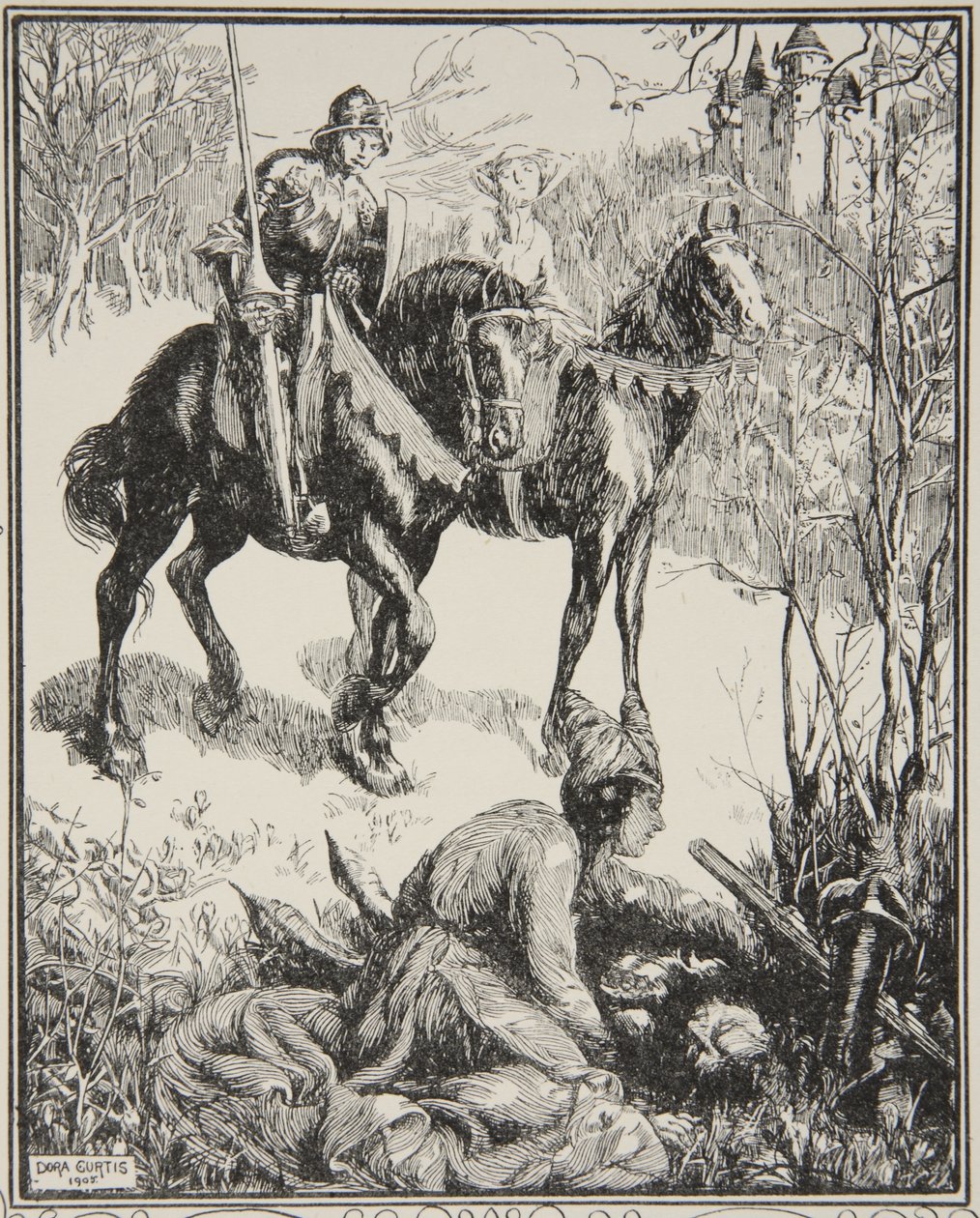 Dama gorzko płacząca, ilustracja z „Opowieści o królu Arturze i Okrągłym Stole” Beatrice Clay autorstwa Dora Curtis