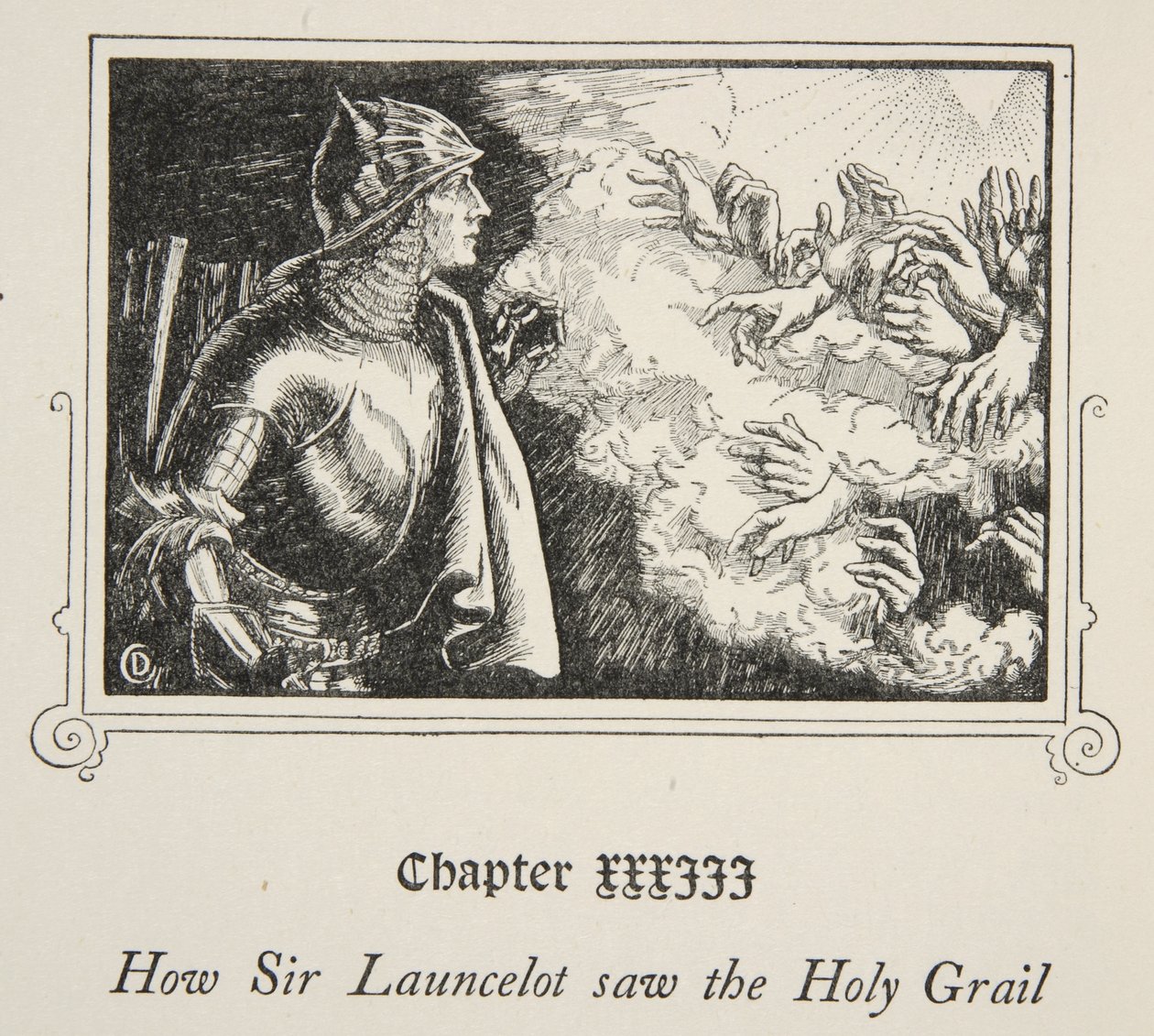 Jak Sir Launcelot widział Świętego Graala, ilustracja z „Story of King Arthur and the Round Table” Beatrice Clay, wydanie 1, 1905 autorstwa Dora Curtis