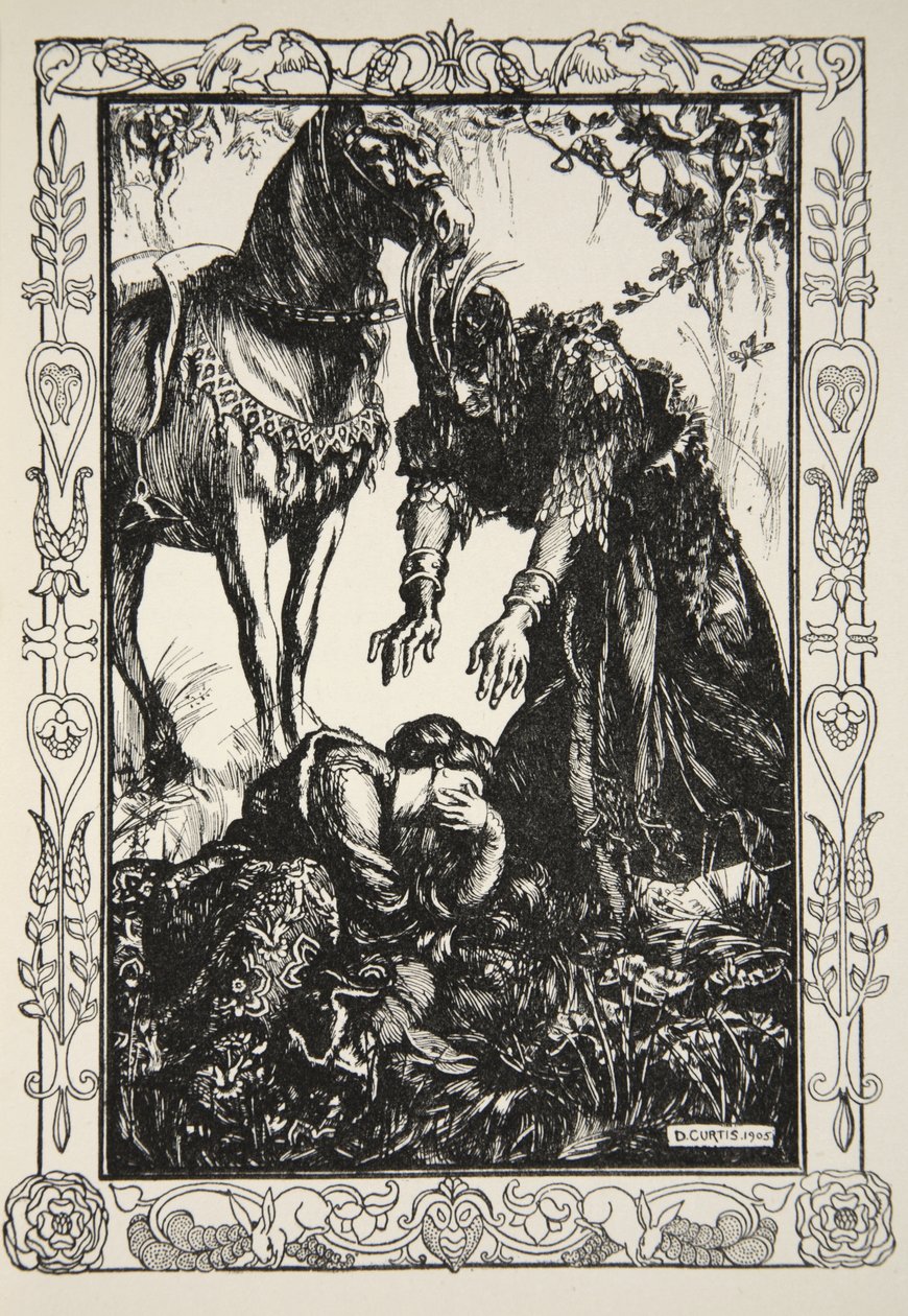 Palamides pojawił się przed nią, ilustracja z "Opowieści o królu Arturze i Okrągłym Stole" Beatrice Clay autorstwa Dora Curtis