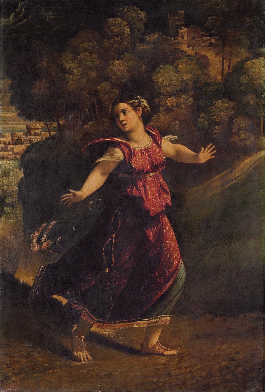 Kobieta uciekająca zalesioną ścieżką, ok.1520s autorstwa Dosso Dossi