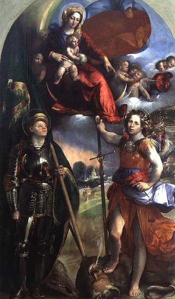 Madonna z Dzieciątkiem ze św. Jerzym i św. Michałem autorstwa Dosso Dossi