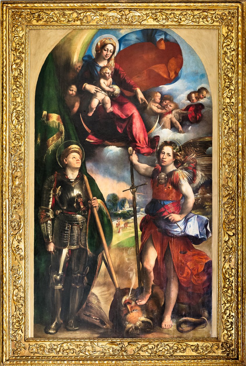 Madonna z Dzieciątkiem Jezus i św. Jerzym i św. Michałem Archaniołem, ok.1518 (olej na desce) autorstwa Dosso Dossi