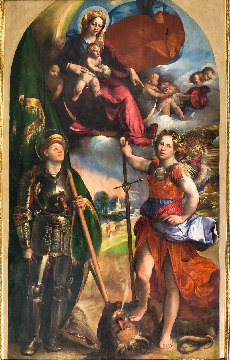 Madonna z Dzieciątkiem Jezus i św. Jerzym i św. Michałem Archaniołem, ok.1518 (olej na desce) autorstwa Dosso Dossi