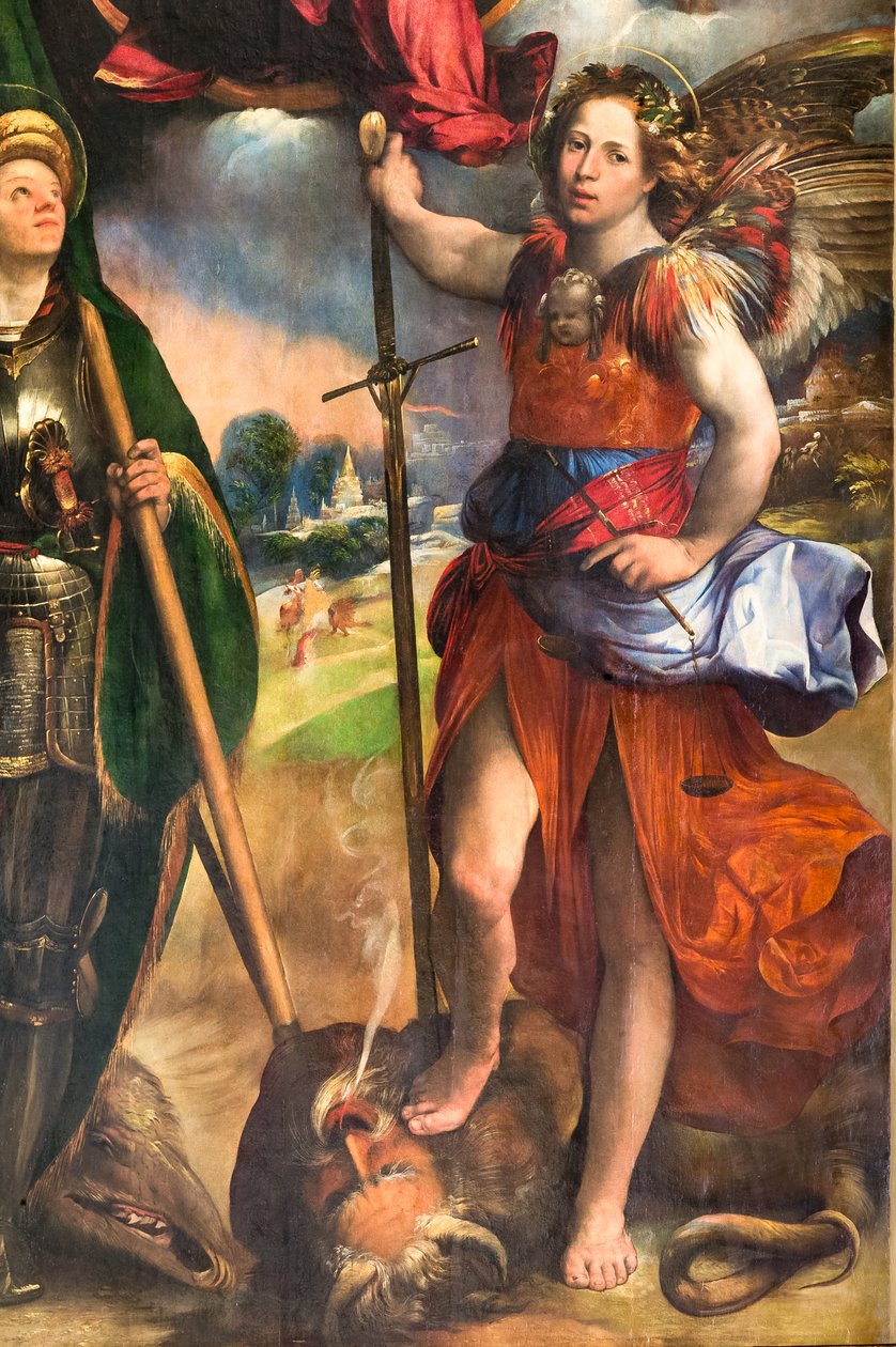 Madonna z Dzieciątkiem i św. Jerzym i św. Michałem Archaniołem, detal z 2384617, ok. 1518 (olej na desce) autorstwa Dosso Dossi