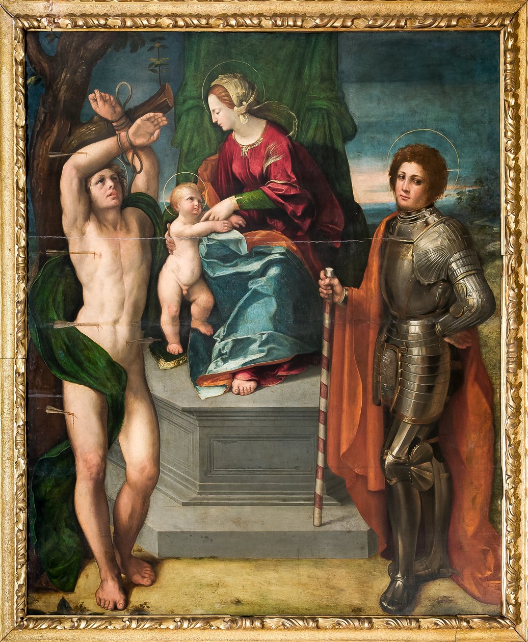 Madonna z Dzieciątkiem Jezus oraz św. Sebastian i św. Jerzy, detal autorstwa Dosso Dossi