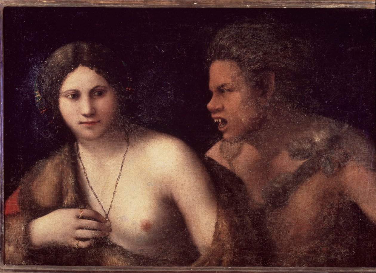 Nimfa i satyr - malarstwo autorstwa Dosso Dossi
