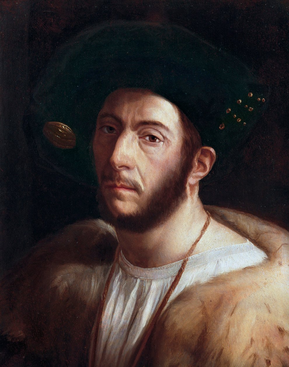 Portret mężczyzny, prawdopodobnie Cesare Borgia (1475-1507), detal, pocz. XVI w. (olej na płótnie) autorstwa Dosso Dossi