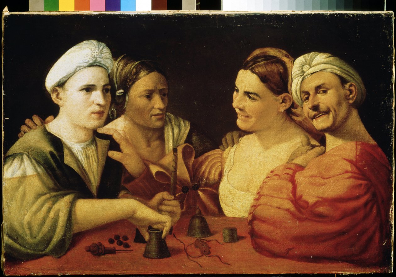 ""iluzjoniści"" (Zaklinacze) Para szarlatanów oszukujących swoje ofiary za pomocą magicznych kostek. Obraz Giovanniego Luteriego znany jako Dosso Dossi (ok. 1486-1542) XVI-wieczne Muzeum Puszkina, Moskwa autorstwa Dosso Dossi