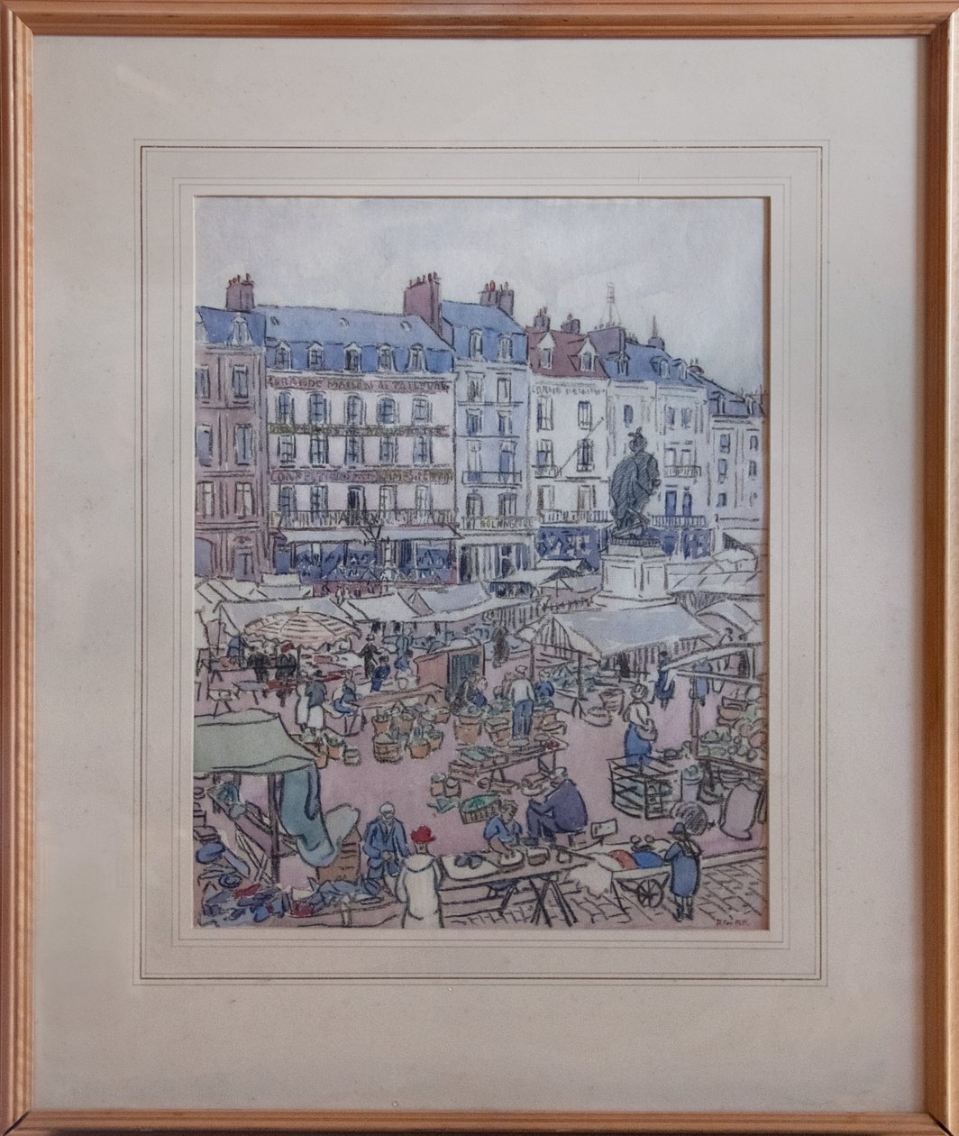 Dzień targowy w Dieppe, ok. 1910 (czarna kredka i toaleta na papierze) autorstwa Douglas Fox Pitt