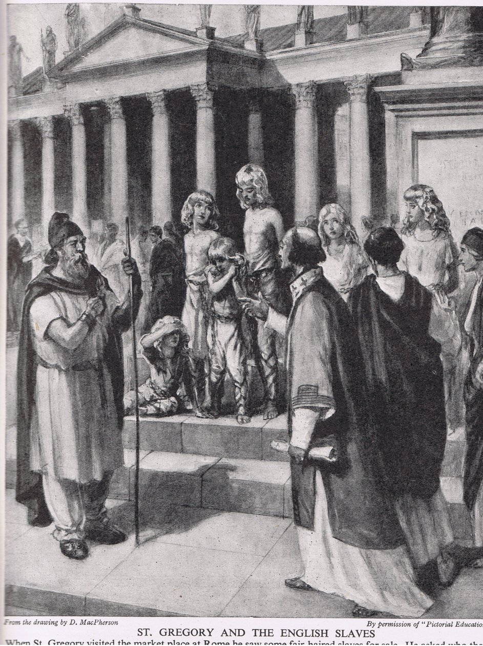 Św. Grzegorz i angielscy niewolnicy, ilustracja z „The Story of the British People”, c.1950 (lito) autorstwa Douglas (after) Macpherson