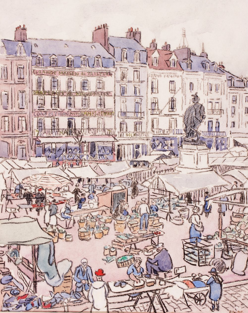 Place Nationale, Dieppe, ok. 1910 (kreda i toaleta na papierze) autorstwa Douglas Fox Pitt
