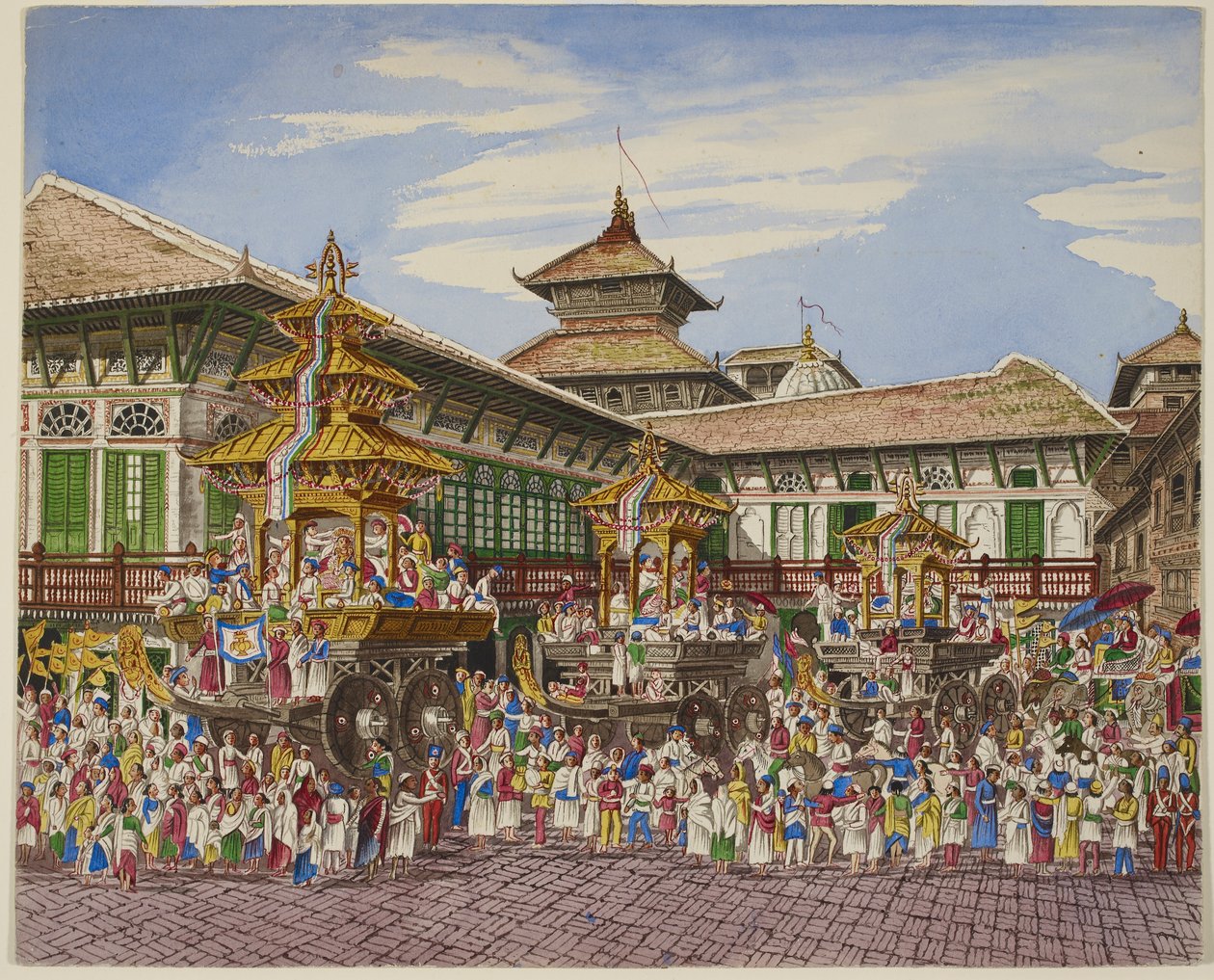T dziewicza podróż. Tri Temple Cars poza T Hanuman Dhoka, Katmandu (Black Litho) autorstwa Dr. Henry Ambrose Oldfield