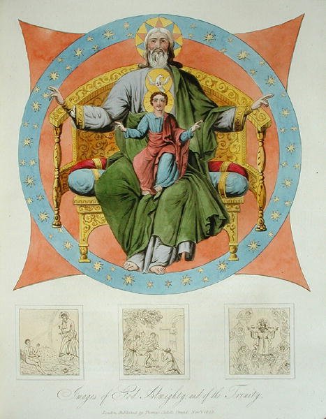 Wizerunki Boga Wszechmogącego i Trójcy z katedry Wniebowzięcia NMP w Moskwie, tablica 14 z "Charakter Rosjan i szczegółowa historia Moskwy", wydana w 1823 r. (akwatinta kolorowa) autorstwa Dr. Robert Lyall