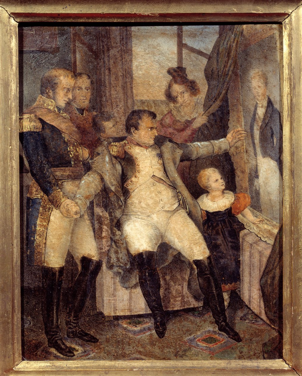 Portret Napoleona I (1769-1821) na tle portretu jego syna króla Rzymu Napoleona II (1811-1832) ofiarowanego przez jego towarzyszy na wygnaniu na wyspie św. Heleny Peinture de Dubreuil (1799-1850) autorstwa Dubreuil