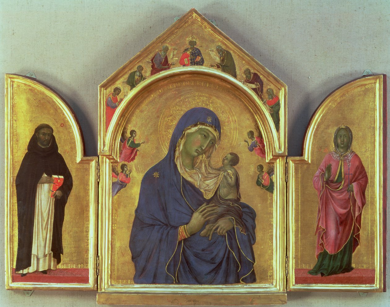 Madonna z Dzieciątkiem i SS. Dominik i Aurea, ok. 1315 (tempera na płycie) (szczegóły patrz 26161) autorstwa Duccio di Buoninsegna
