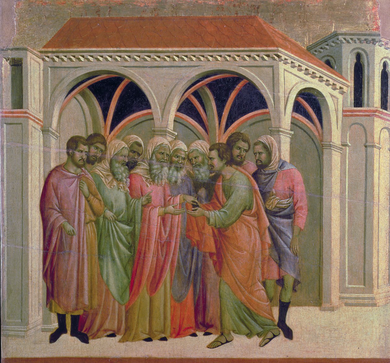 Maesta: Judasz otrzymuje trzydzieści srebrników, 1308-11 autorstwa Duccio di Buoninsegna