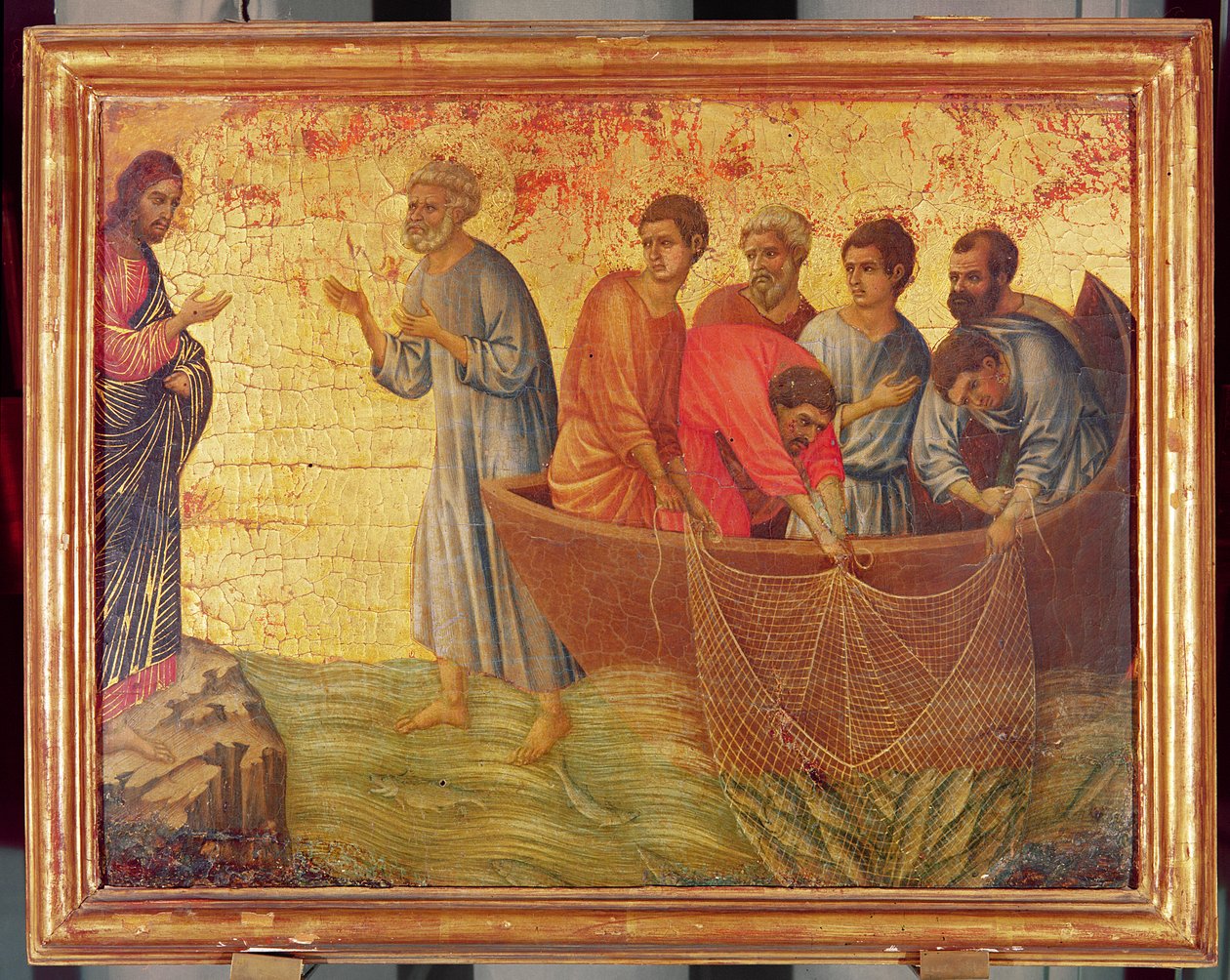 Objawienie na Jeziorze Tyberiadzkim, z opowieści o Chrystusie po Zmartwychwstaniu, rewers ołtarza Maesty, ukończone 1311 (tempera na desce) autorstwa Duccio di Buoninsegna