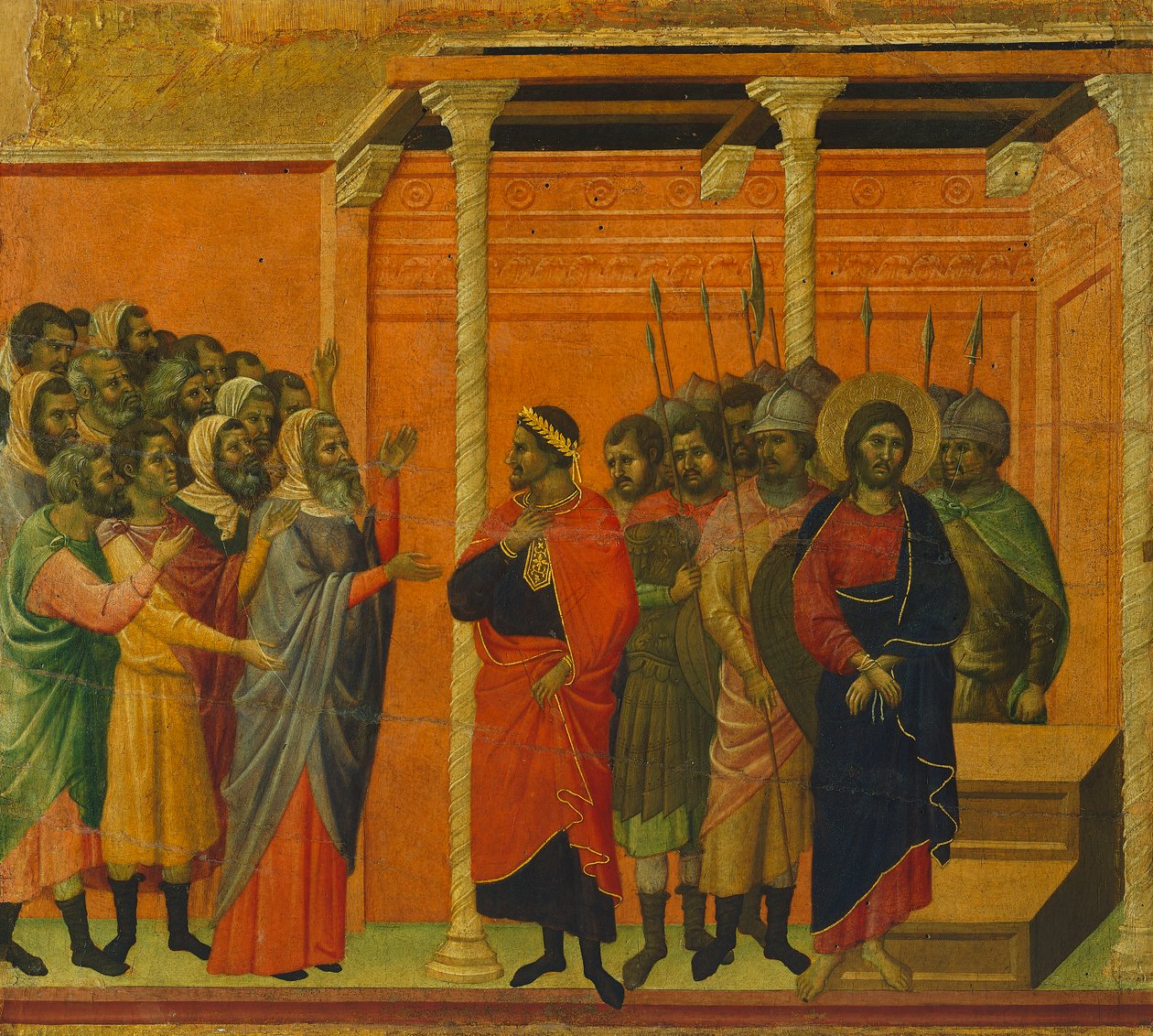 Ołtarz: Chrystus oskarżony przez faryzeuszy, fragment kafelka z Opowieści o Męce i Zmartwychwstaniu Chrystusa, odwrócona powierzchnia Maesty w katedrze w Sienie autorstwa Duccio di Buoninsegna