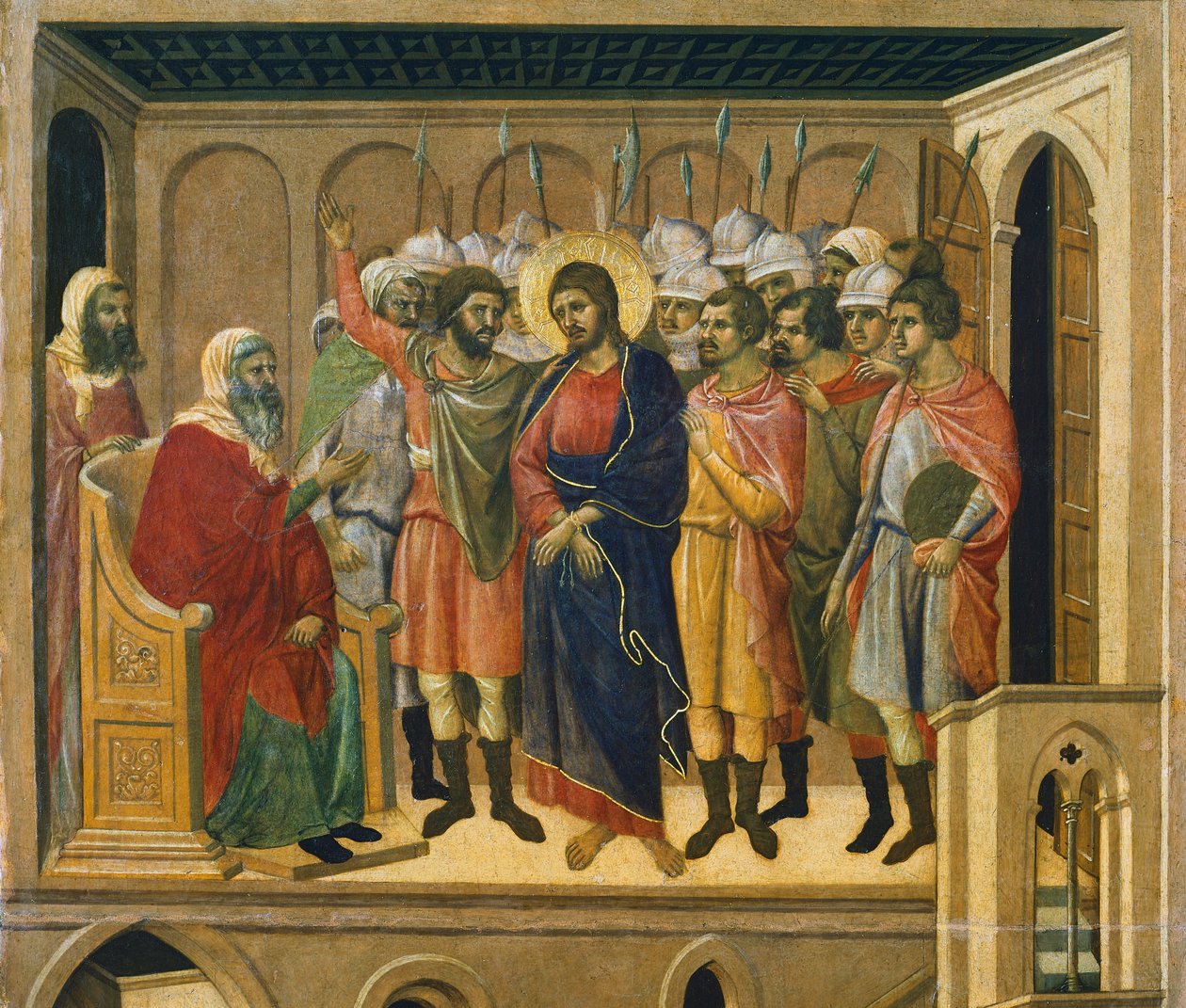Chrystus przed Najwyższym Kapłanem, fragment kafelka z Epizody z Męki i Zmartwychwstania Chrystusa, odwrócona powierzchnia Maesty Ołtarza Duccio w katedrze w Sienie autorstwa Duccio di Buoninsegna