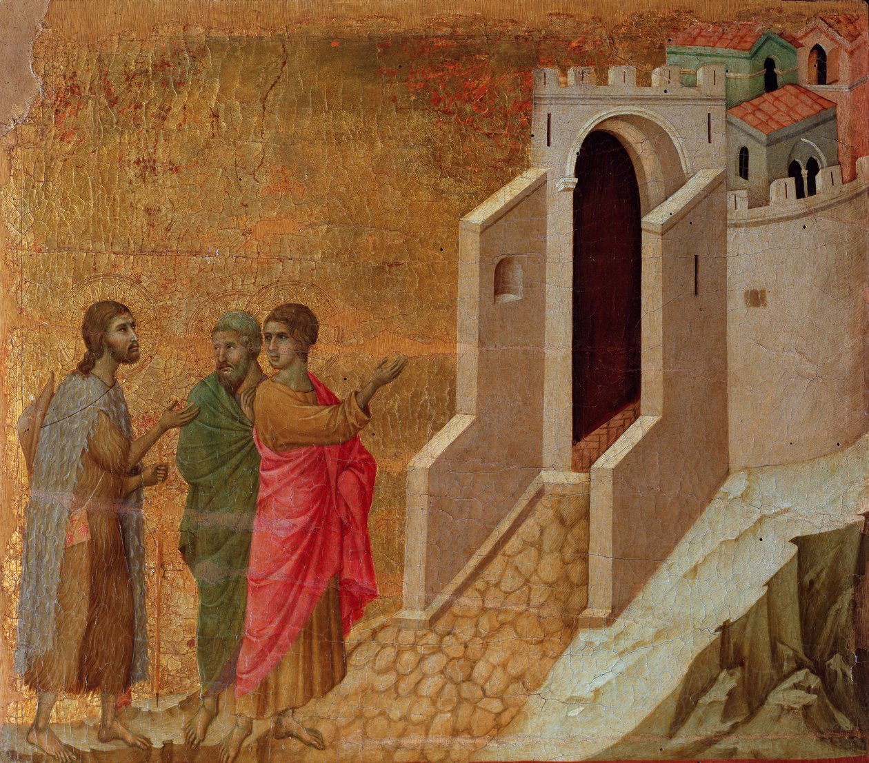 Chrystus i pielgrzymi u bram miasta Emaus. Ołtarz Maesta (tempera i złoto na drewnie) autorstwa Duccio di Buoninsegna