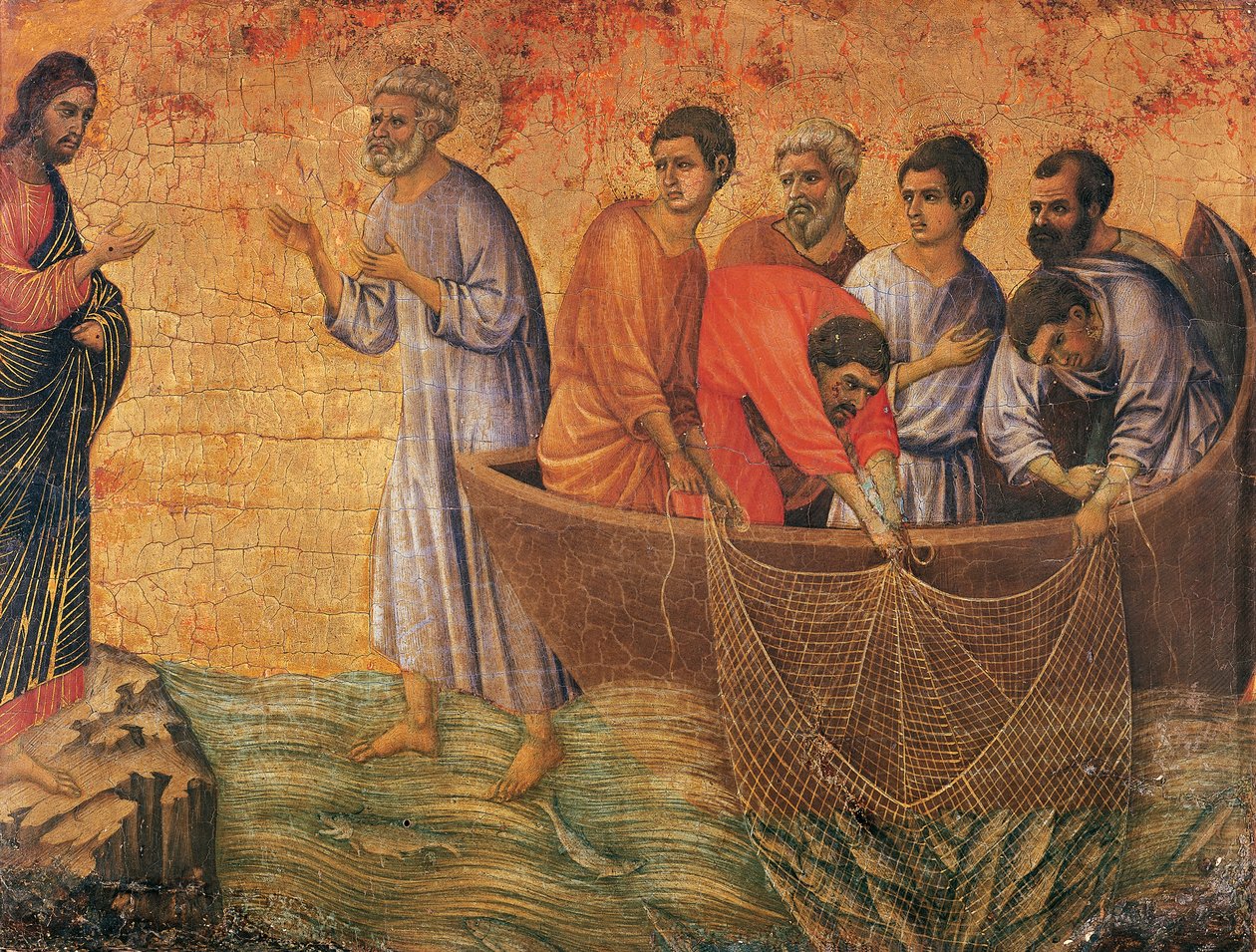 Chrystus nad Jeziorem Galilejskim, fragment Epizody z Męki i Zmartwychwstania Chrystusa, odwrócona powierzchnia Maesty Ołtarza Duccio w katedrze w Sienie autorstwa Duccio di Buoninsegna