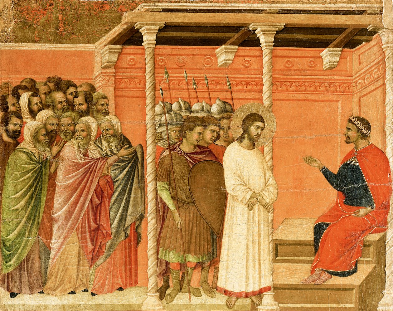 Chrystus przed Piłatem, fragment kafelka z Epizody z Męki i Zmartwychwstania Chrystusa, odwrócona powierzchnia ołtarza Maesty Duccio w katedrze w Sienie autorstwa Duccio di Buoninsegna