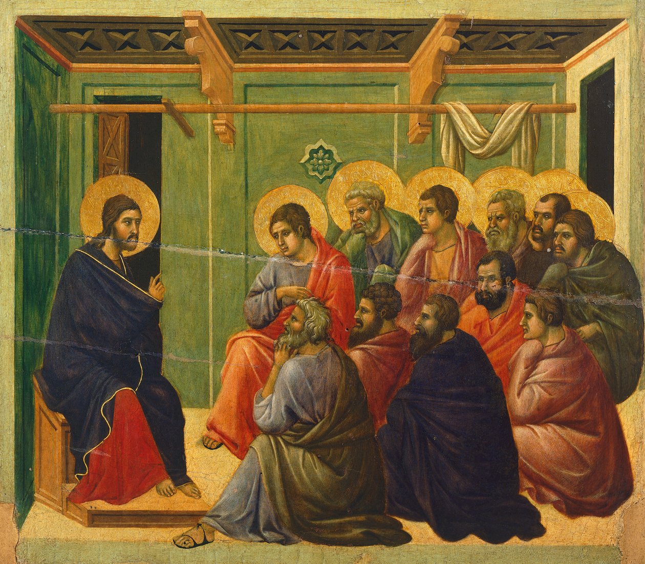 Chrystus oddzielony od apostołów, fragment kafelka z Epizody z Męki i Zmartwychwstania Chrystusa, odwrócona powierzchnia Maesty Ołtarza Duccio w katedrze w Sienie autorstwa Duccio di Buoninsegna