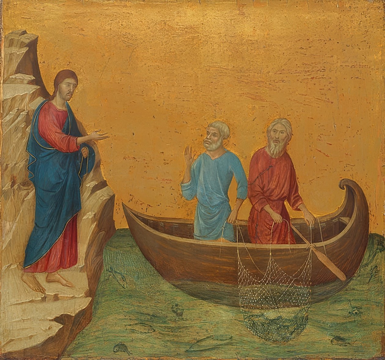 Cudowna wyprawa na ryby i wezwanie apostołów Piotra i Andrzeja. 1308-11 autorstwa Duccio di Buoninsegna