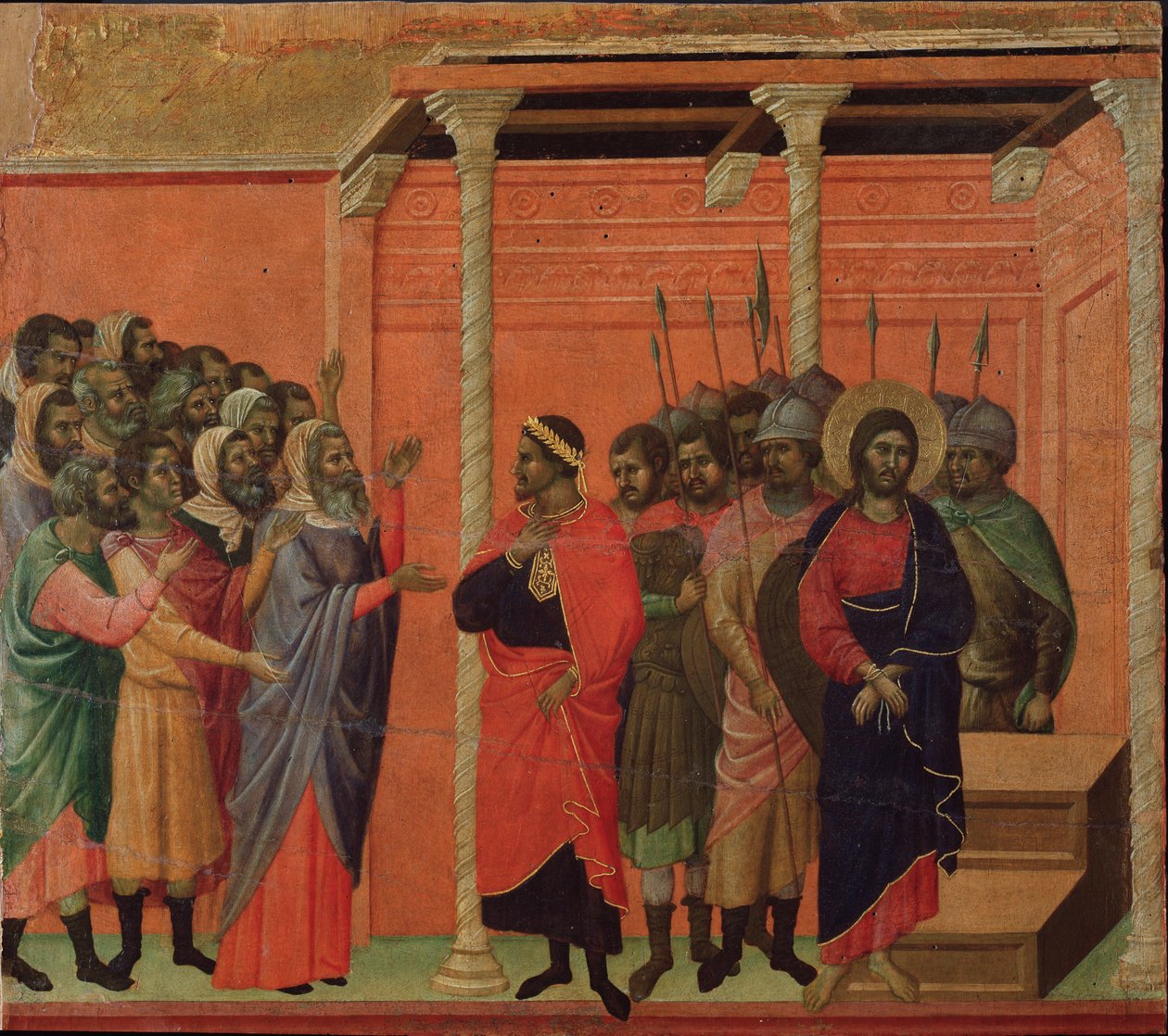 Jezus oskarżony przez faryzeuszy. Ołtarz Maesta (tempera i złoto na drewnie) autorstwa Duccio di Buoninsegna