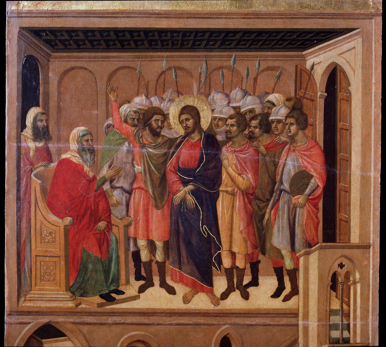 Jezus przed Annaszem. Ołtarz Maesta (tempera i złoto na drewnie) autorstwa Duccio di Buoninsegna